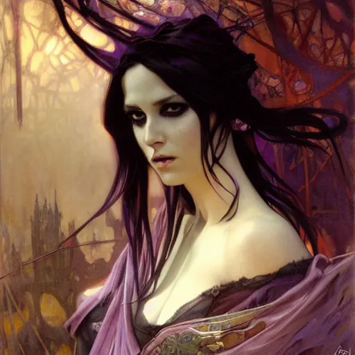 Prompt: dark goth queen with purple eyes, by jeremy mann and alphonse mucha, fantasy art, photo realistic, dynamic lighting, artstation, poster, volumetric lighting, very detailed faces, purple eyes, 4 k, award winning dark, goth, queen, dark fantasy, purple, hyperrealistic portrait, art of elysium, full figure, very detailed face,