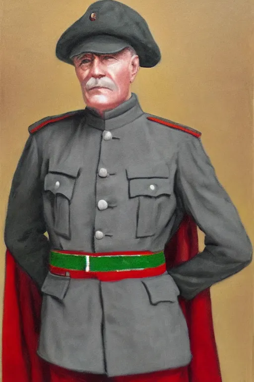 Prompt: ww 1 general wearing drab grey uniform, long red heroic cape with green trim on his back, oil on canvas