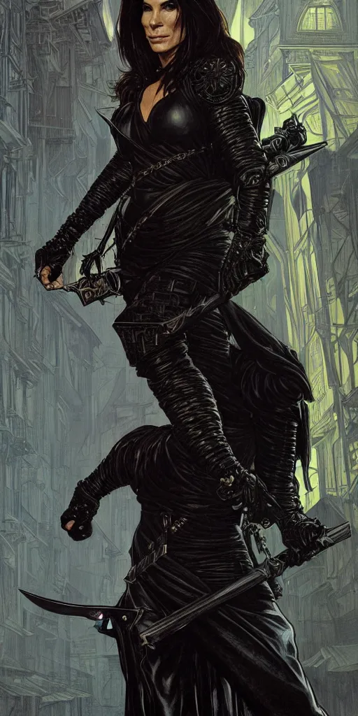 Image similar to portrait of sandra bullock as a thief wearing black leather armor and wielding a dagger in a dark alleyway, fantasy, intricate, elegant, highly detailed, digital painting, artstation, concept art, matte, sharp focus, illustration, art by travis charest and alphonse mucha