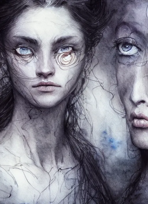 Image similar to portrait, The three blind sister of fate share a single eye, watercolor, dramatic lighting, cinematic, establishing shot, extremely high detail, foto realistic, cinematic lighting, pen and ink, intricate line drawings, by Yoshitaka Amano, Ruan Jia, Kentaro Miura, Artgerm, post processed, concept art, artstation, matte painting, style by eddie mendoza, raphael lacoste, alex ross