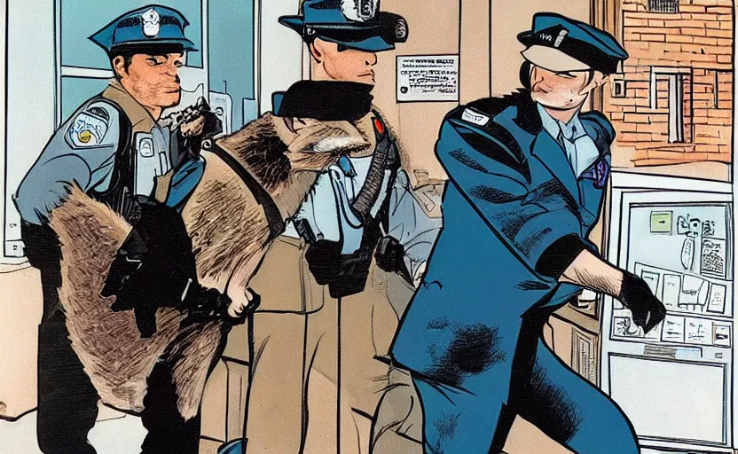 Prompt: a police officer leading a raccoon into the police station by howard chaykin