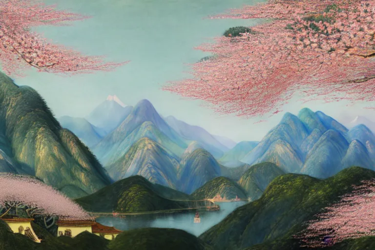 Prompt: an ultradetailed landscape painting of a panorama view of westlake in china, pagodas on hills, osmanthus blossoms nearby, fine wind, highly detailed, artstation, concept art, smooth, sharp focus, illustration, by hilma af klint, 8 k