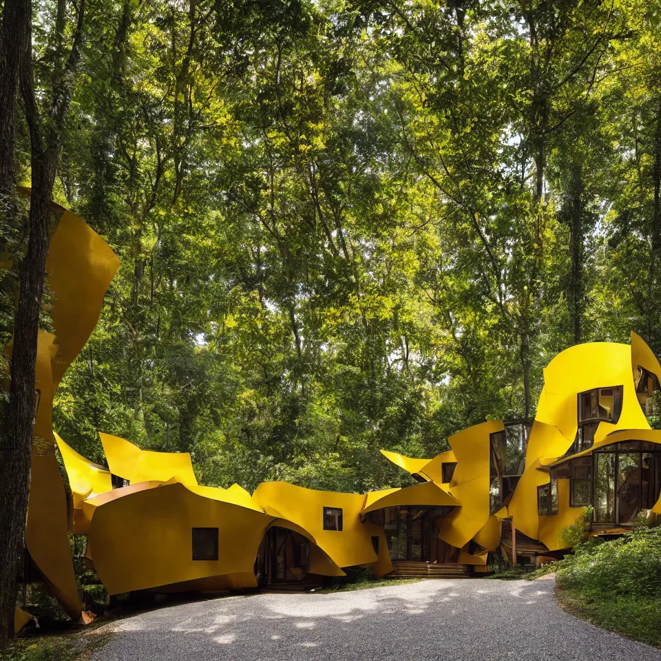 Image similar to a leveled house in a forest, designed by Frank Gehry. Tiles. Gravel pathway with parking. Film grain, cinematic, yellow hue