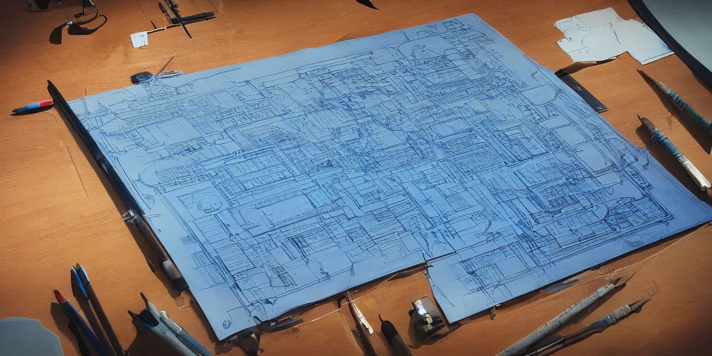 Prompt: anamorphic photograph of detailed blueprints laid out on a draftsman table with pictures of apocalyptical severe weather patterns, detailed ambient lighting, hyper realistic, vibrant colors, cinematic, Pop art style, digital art painting by Alexandros Pyromallis, cinematic, 35mm grain filter, artstation