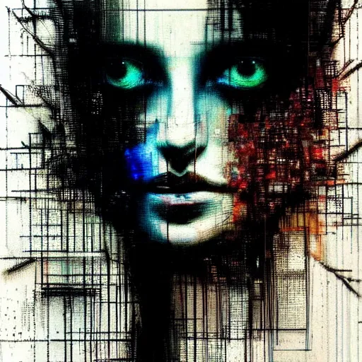 Prompt: portrait of a hooded beautiful women, mysterious, glitch effects over the eyes, shadows, by Guy Denning, by Johannes Itten, by Russ Mills, glitch art, innocent, hacking effects, chromatic, cyberpunk, color blocking, oil on canvas, concept art, abstract