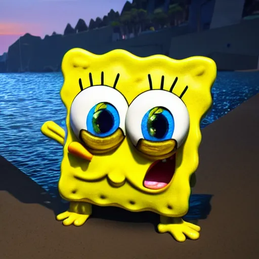 Image similar to SpongeBob Squarepants statue by Michelangelo, Hyper-realistic, 4K, Unreal Engine, Highly Detailed, HD, Dramatic Lighting by Brom, trending on Artstation, golden hour