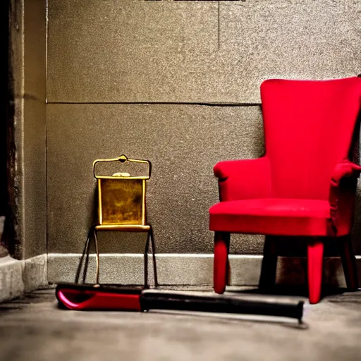 Prompt: a red chair, surrounded by sinister gold tools, at the end of a black stone hallway