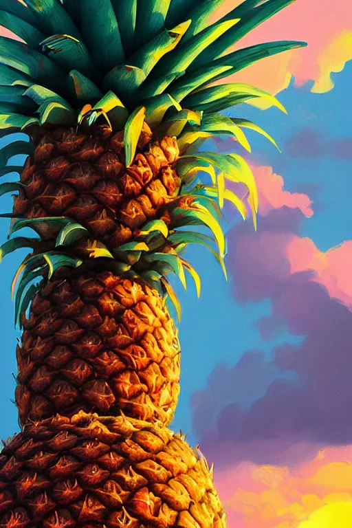 Image similar to closeup, giant pineapple head, girl in djungle, surreal photography, golden hour, colorful clouds, impressionist painting, digital painting, artstation, simon stalenhag