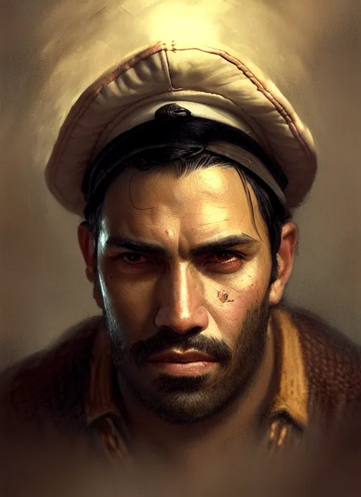 Prompt: portrait of a rugged hispanic man wearing a sailors cap, victorian, concept art, detailed face, fantasy, close up face, highly detailed, cinematic lighting, digital art painting by greg rutkowski