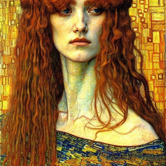 Image similar to detailed realistic beautiful young medieval queen face portrait by jean delville, gustav klimt and vincent van gogh, art nouveau, symbolist, visionary, gothic, pre - raphaelite, muted earthy colors, desaturated