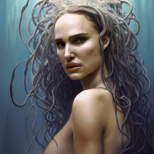 Image similar to a portrait of natalie portman as medusa in dramatic lighting, interior background, artstation, award - winning realistic sci - fi concept art by jim burns and greg rutkowski, beksinski, a realism masterpiece, alphonse mucha,