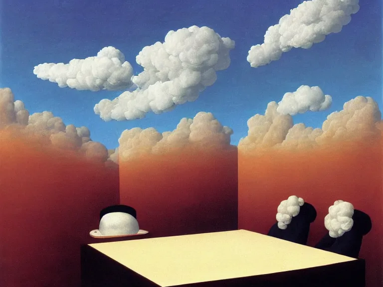 Image similar to room full of clouds, painting by rene magritte, centered, high detail, high resolution