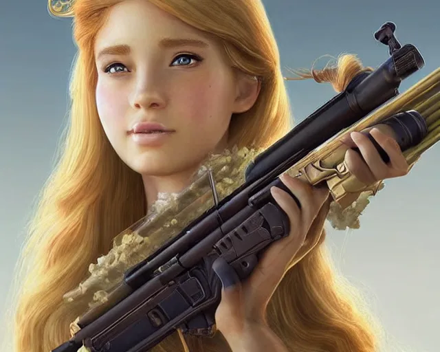 Image similar to disney princess with long blonde hair with m 9 0 sniper rifle on back : : weta disney pixar movie still photo : : hi - fructose, decadent highly - detailed digital painting, golden ratio, octane render, artstation, smooth, sharp focus, artgerm, mucha, loish, wlop