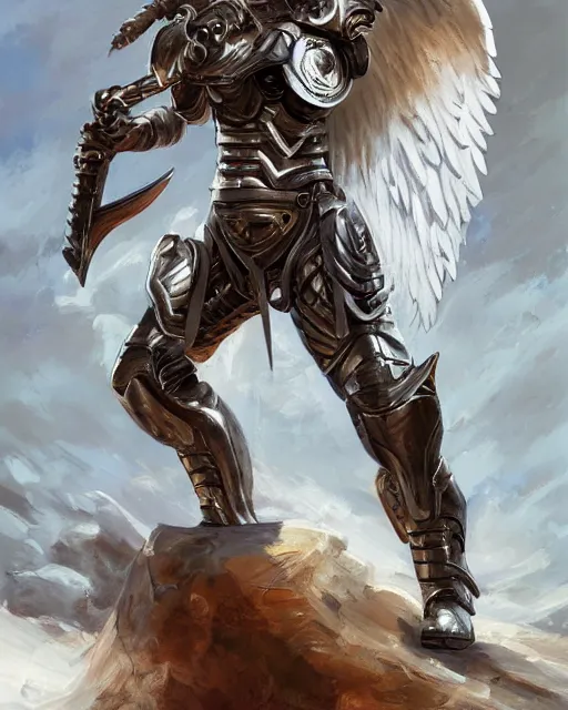 Image similar to Portrait of an empty armour of an angel warrior, focus on the pants and boots with graved runes , highly detailed, digital painting, artstation, concept art, smooth, sharp focus, illustration, art by Hajime Sorayama