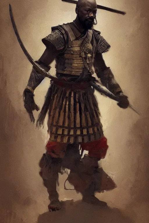 Image similar to a full body fantasty portrat, oil painting, illustration of an old African samurai, by Justin Sweet and Greg Rutkowski and Alphones Much