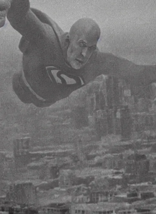 Prompt: “Close-up of very old and tired and bald Superman flying over destroyed city. Newspaper photo.”