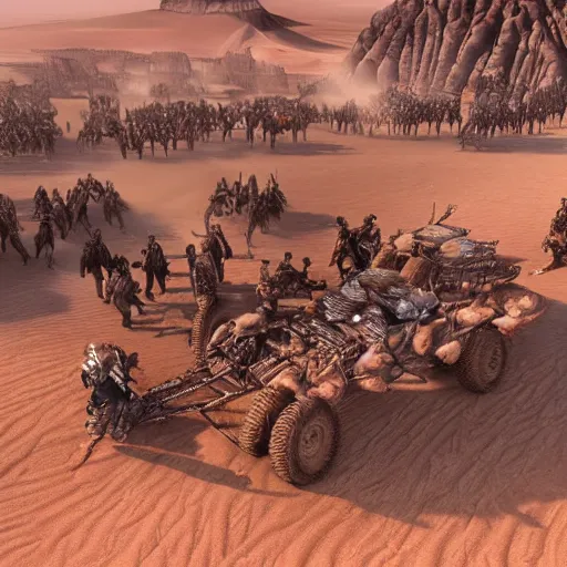 Prompt: Giant desert with an osasis, Mad Max stule people fighting each other with spiked weapons and rifles