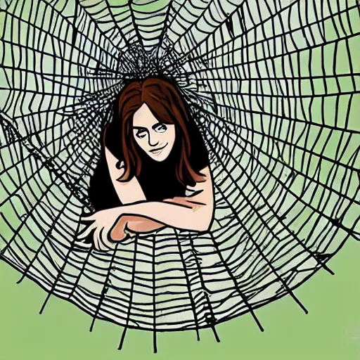 Image similar to emma watson hanging from and trapped in a giant spider web, cartoon