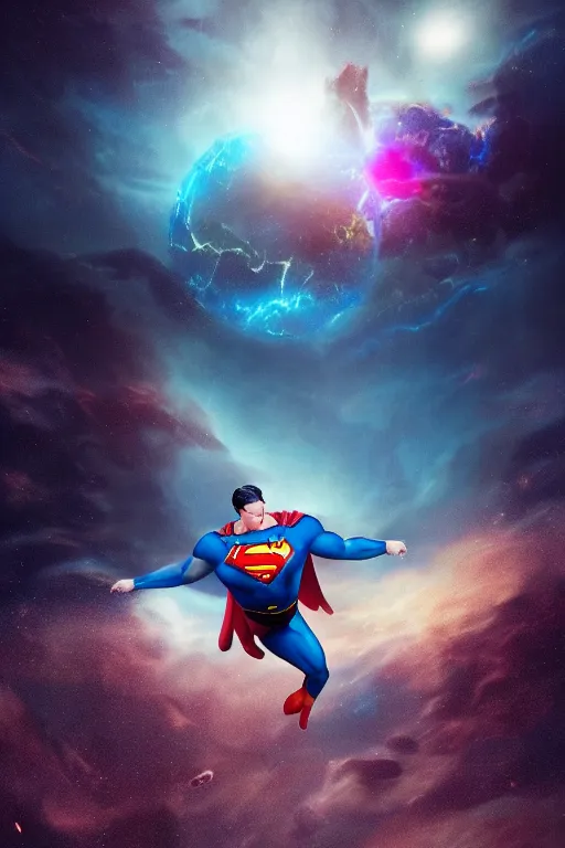 Prompt: superman letting go of reality and experiencing the quantum feild, matte painting comic book art, cinematic, highly detailed, realistic, beautiful cosmic neural network, octane render, unreal engine, depth of field, trending on artstation, sharp focus, philosophical splashes of colors