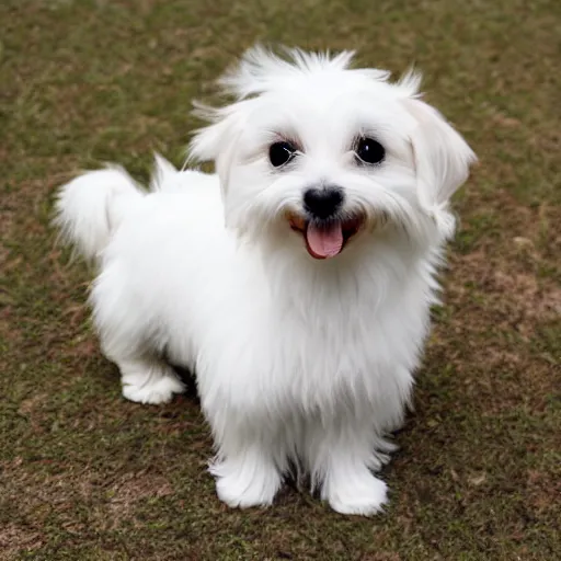 Image similar to photo of maltese puppy dog standing on hind leg begging for food, photorealistic