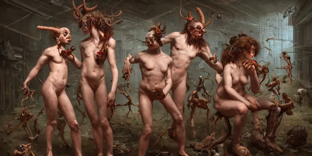 Prompt: hyperrealistic photography of cyborg satyrs assisting a concept machine in the style of Jin Kagetsu, patricia piccinini, James Jean and wlop, highly detailed, masterpiece, award-winning, sharp focus, intricate concept art, ambient lighting, 8k, artstation