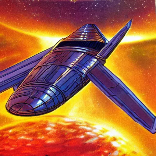 Prompt: starship during reentry of earth atmosphere, 1 9 8 0 s concept art, vintage, high saturation colors, high quality, hand drawn