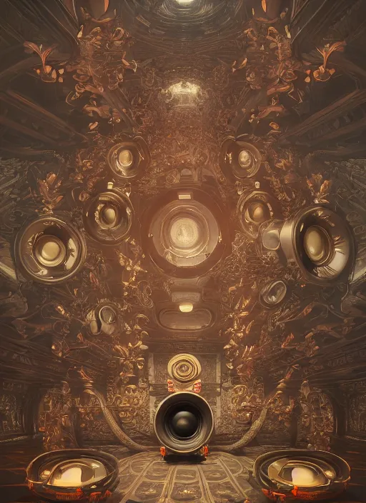 Image similar to highly detailed surreal vfx portrait of a 3 d landscape of stacks of recursive speakers, polyphonic ecstacy, ornate, hyperrealistic, octane render, chiaroscuro, inspired by james jean, android jones, beeple, rhads, alphonse mucha, frostbite 3 engine