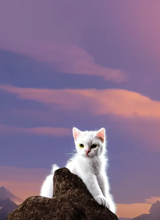 Image similar to giant little baby white cat on a snowy mountain with lightning coming out of its paws, blue sky background with moon