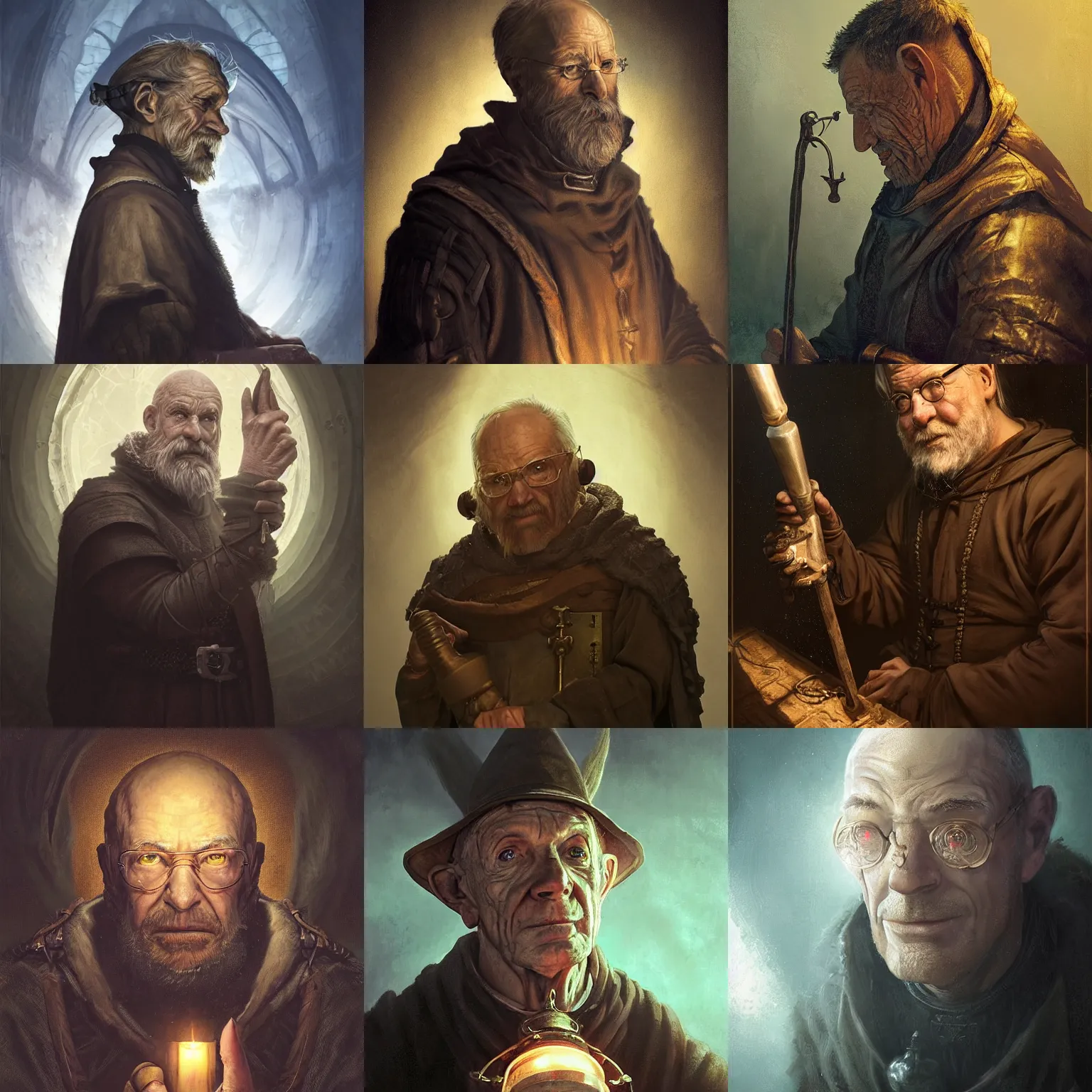 Prompt: portrait of an old, medieval alchemist in the dark, he is looking into the distance thoughtfully!!. close up, palm on cheek pose, studio lighting bright ambient lighting key light, fantasy, detailed, photorealistic portrait by michael komarck, greg rutkowski, victo ngai, artgerm and j. dickenson