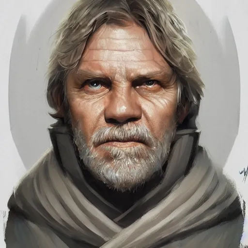 Prompt: portrait of a man by Greg Rutkowski, old jedi Master Luke Skywalker from Star Wars Expanded Universe, he is about 60 years old, wearing tactical jedi gear, highly detailed portrait, digital painting, artstation, concept art, smooth, sharp foccus ilustration, Artstation HQ