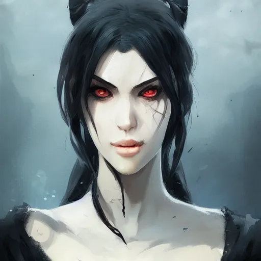 Image similar to female human vampire witch in the style of greg rutkowski, makoto shinkai, trending on artstation, character design, concept art, pretty face, highly detailed, long black hair, portrait, digital art