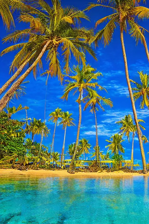 Image similar to beckoning palms lean over crystal clear water, shadows on water, hawaiian style by scott westmoreland