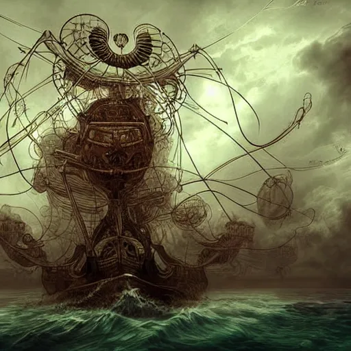 Image similar to A flying octopus ship, digital art, steampunk, epic, cinematic, dramatic lighting