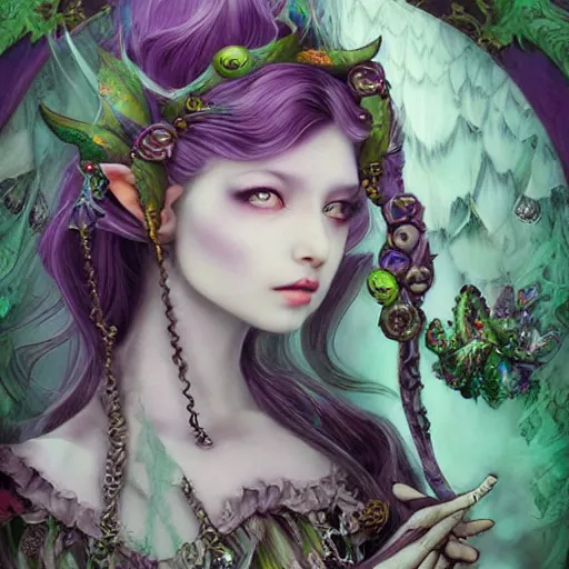 Prompt: Ethereal, mysterious stunning maximalist mesmerizing elven girl with elf ears from the rainbow sky paradise, high-tech, professional high fashion model photo shoot for Victorian gothic lolita fashion, hyperdetailed by Mark Ryden, artgerm, Hiroyuki-Mitsume Takahashi, WLOP, Goto Fujita, 奈良美智, Pixiv 3DCG, DAZ Studio, close-up 35mm macro shot, hyperrealism, 8k resolution 3D, cinematic, dynamic lighting, octane render, unreal engine 5