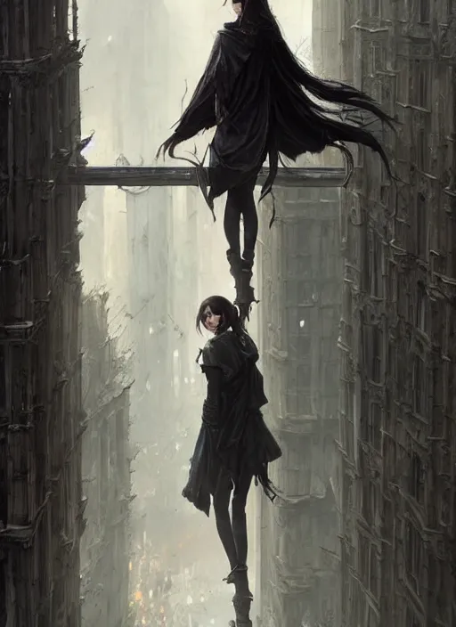 Image similar to a teenage girl with very short dark hair and a tattered grey cloak. she stands on top of a building in a gothic fantasy city. beautiful painting by greg rutkowski