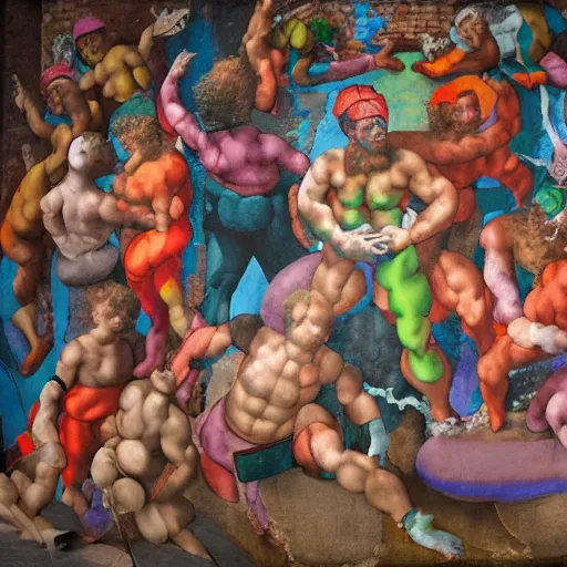 Prompt: a michelangelo mural of rave party