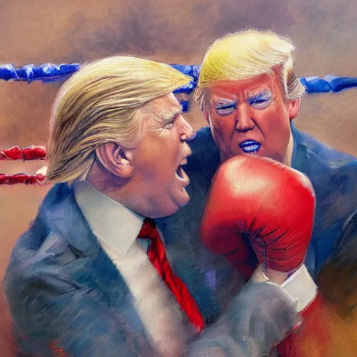 Image similar to a beautiful painting of donald trump fist - fighting joe biden in a boxing ring, rendered art, highly detailed painting by gaston bussiere, craig mullins, j. c. leyendecker 8 k, trending on artstation, art, fighting, watercolor