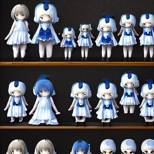 Prompt: cute fumo plush of a girl who has a collection of souls in her mansion trapped in jars, black and white and blue, vray