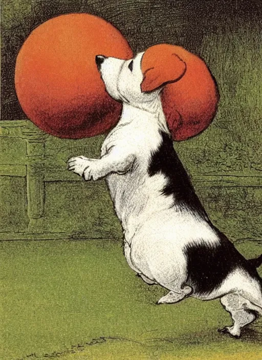 Image similar to jack russel terrier jumping on red ball, illustrated by peggy fortnum and beatrix potter and sir john tenniel