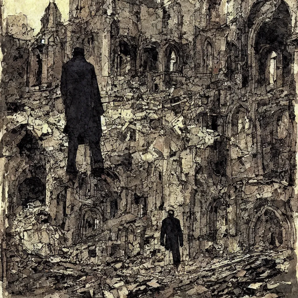 Prompt: lone soldier standing in front of a crumbling ruined church by bill sienkiewicz