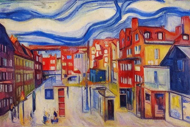 Image similar to unique shops, apartment towers, and cute townhouses along a city street, oil painting by edvard munch