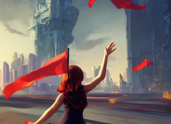 Prompt: gorgeous inspiring girl enthusiastically waving a red flag over her head to manage flying car traffic in aMandelbrot fractal futuristic bustling utopian city by Craig Mullins, ilya kuvshinov, krenz cushart, artgerm trending on artstation by Edward Hopper and Dan Mumford and WLOP and Rutkovsky, Unreal Engine 5, Lumen, Nanite, low poly