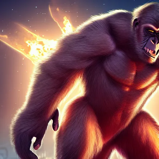 Image similar to fury art, an anthro ape wearing a large cape, exploding background, 3 d, 8 k, extremely detailed, trending on furaffinity, trending on artstation, award winning, sharp focus, illustration