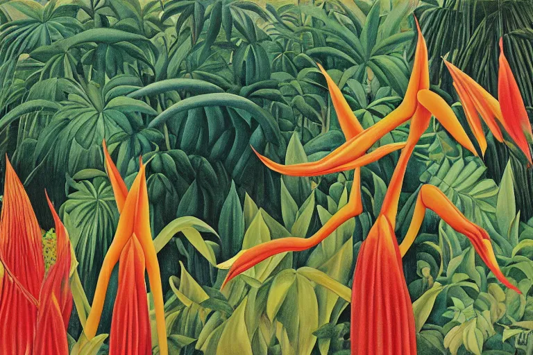 Image similar to heliconia in a garden, art by Henri Rousseau, studio Ghibli