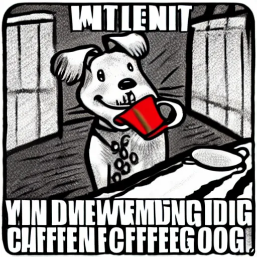 Prompt: Cartoon dog casually drinking coffee in the middle of a burning room, meme