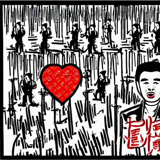 Image similar to uyghur Uighur men in a prison, heart kidney lungs, in the style of daniel johnston and outsider art, 4k, line brush, minimal, overlaid with chinese adverts and mandarin text