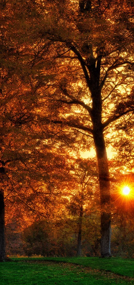 Prompt: Sunset on an autumn day in the park. 8k resolution. digital art by Robert Kurvitz.