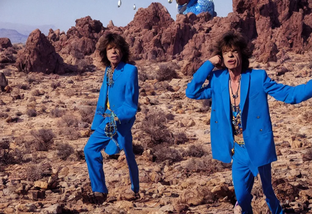 Prompt: mick jagger dressed in blue costume with many jewels in a dry rocky desert landscape, ultradetailed alien complex city and giant alien spaceship in the background, by christopher doyle and alejandro jodorowsky, anamorphic lens, kodakchrome, cinematic composition, masterpiece, 8 k