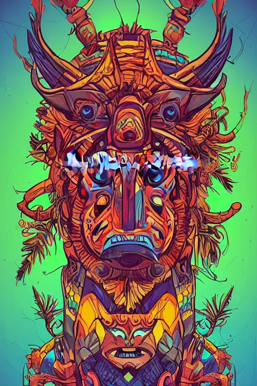 Image similar to totem animal mask tribal feather gemstone plant wood rock shaman vodoo video game vector illustration vivid multicolor borderlands comics by josan gonzales and dan mumford radiating a glowing aura