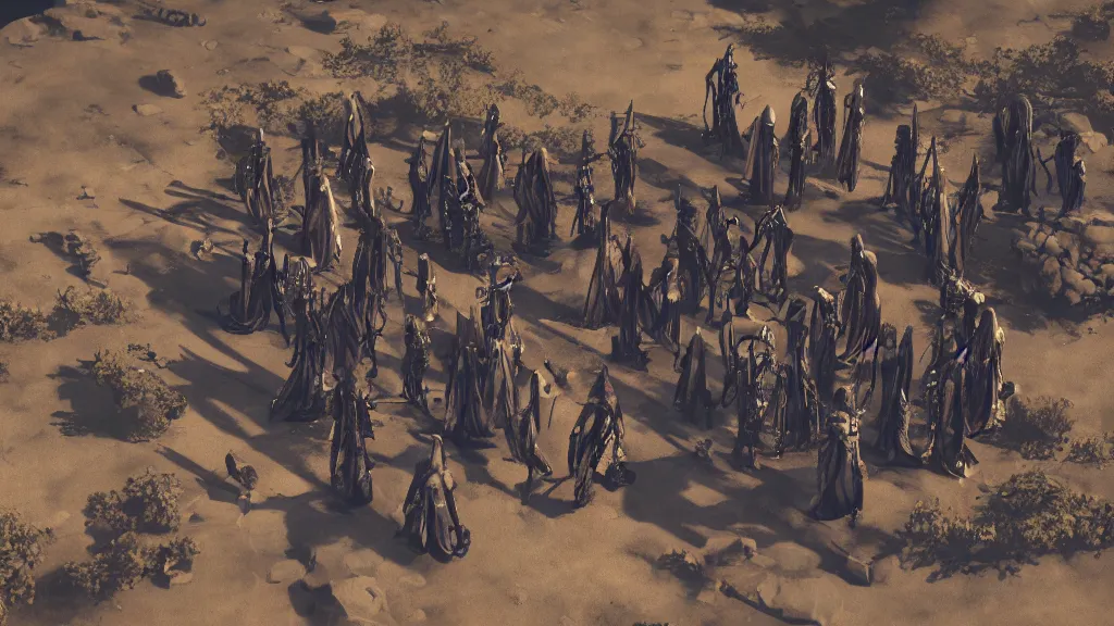 Image similar to aerial view of a group of robot cultists in robes gathering in the desert, robot occult, beautiful fantasy cyberpunk oil painting, dark foreboding magical atmosphere, cinematic lighting, matte painting, masterpiece